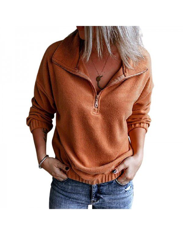 Solid color fleece stand neck zippered sweater Women's hem Rubber band casual long sleeve top Women