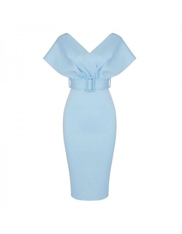 European and American women's one-shoulder chest wrapped high waist solid color bandage dress 