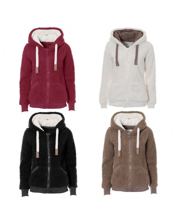 Autumn and Winter Hooded Plush Cardigan Long Sleev...