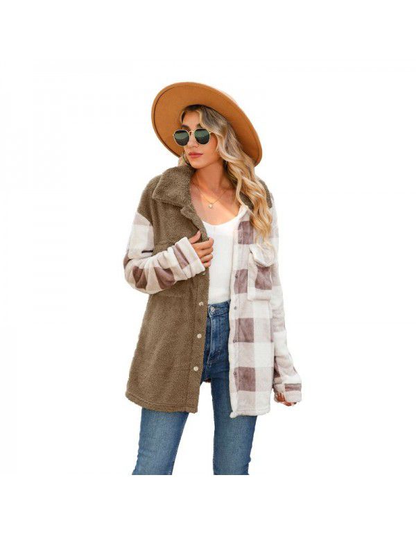 Flashy European and American autumn women's coat plush coat lapel long-sleeved double-sided flannel plaid sweater 