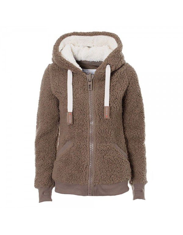 Autumn and Winter Hooded Plush Cardigan Long Sleeve Sweater Women's Jacket Loose Coat