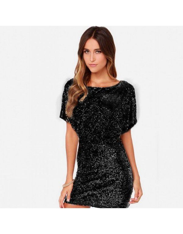 European and American gold sequin slimming show thin shoulder bag buttock dress sexy nightclub open back dress short skirt 