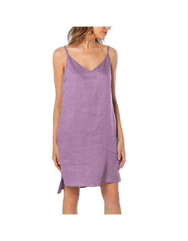 Pure linen suspender skirt European and American style women's casual home vest dress can be worn externally
