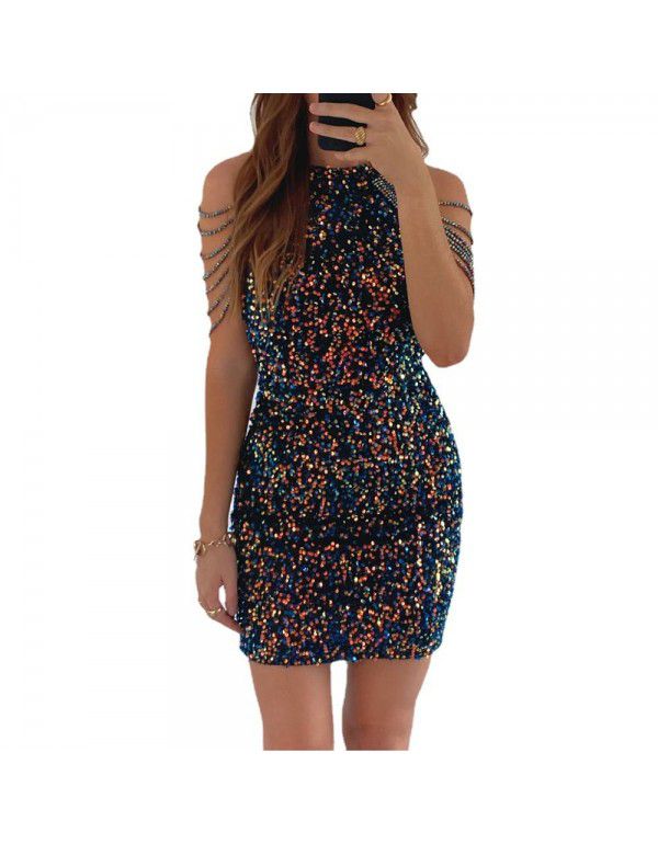 Sequin Short Dress Dress Women's Fashion Popular Round Neck Sexy Slim Fit Tassel Dress