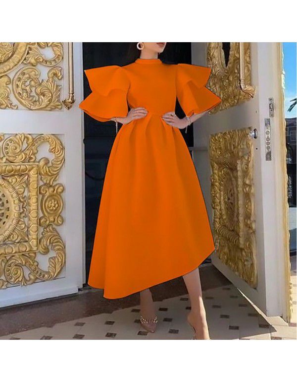 Women's New Ruffle Sleeve Solid Color Large Swing European and American Dress Dress 