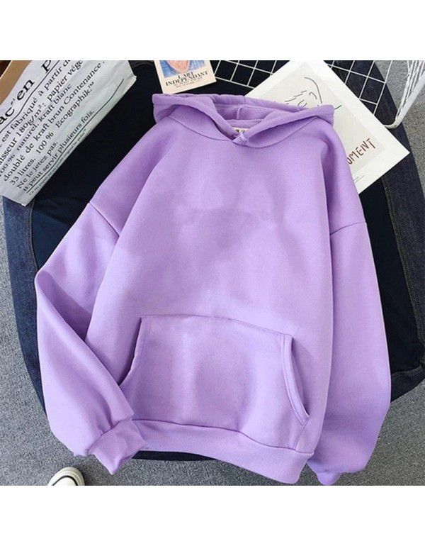 Autumn and Winter New Loose Top Korean Solid Color Plush Thickened Hooded Sweater Women