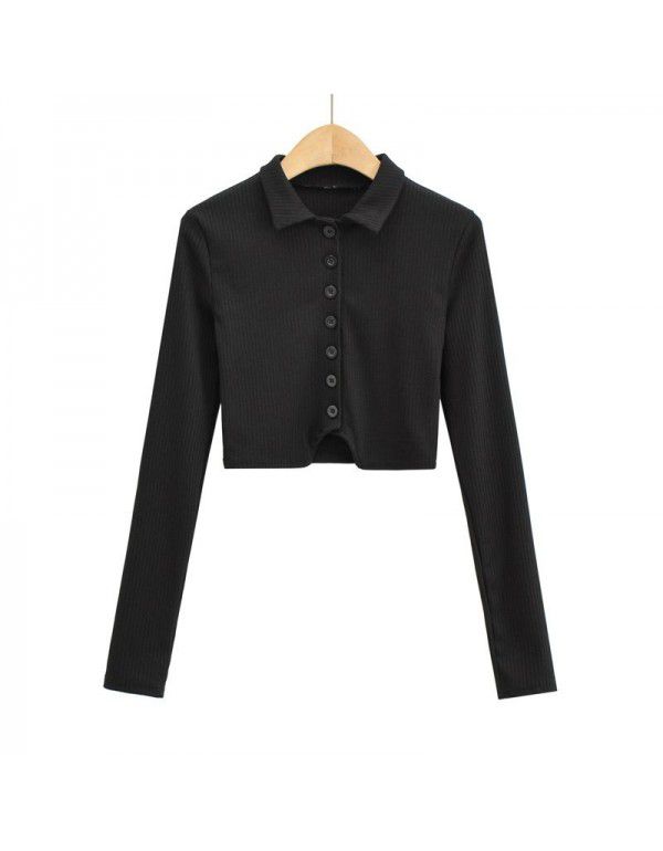 Polo polo collar long-sleeved blouse women's new style pure hot girl slim fit single breasted high waist exposed navel short t-shirt 