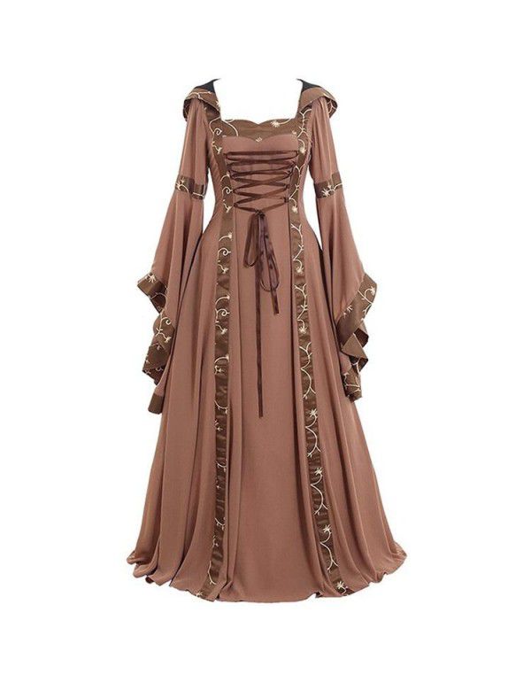 European and American women's medieval vintage dress, square neck tie up waist, flared sleeve Halloween costume