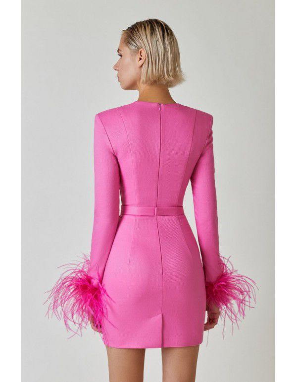 Autumn and Winter New Long Sleeve Feather Cuff Bandage Dress European and American Fashion Elegant Dress Party Dress Dress