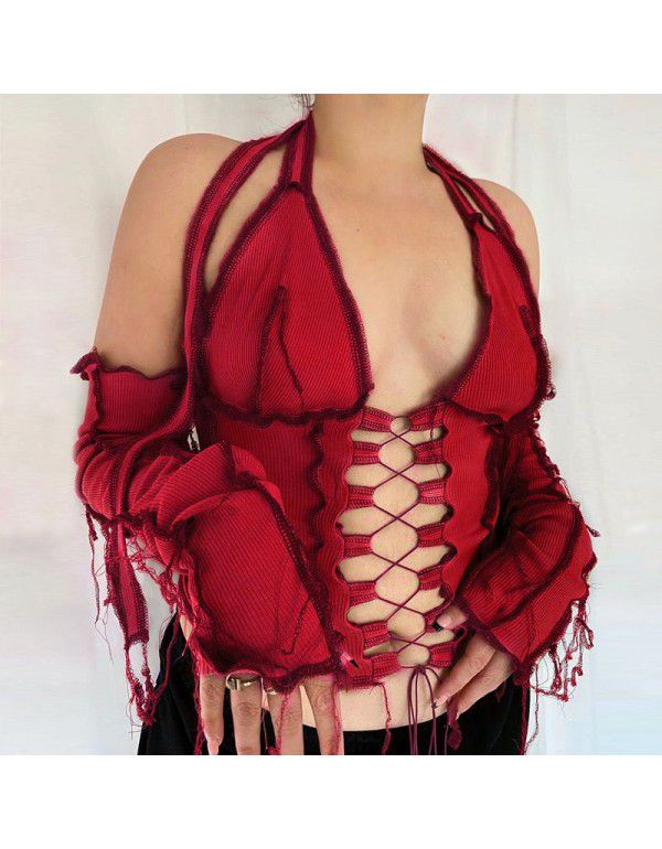 Spring/Summer New Reversed Side Chest Lace Up Neck Strap Independent Long Sleeve T-Shirt