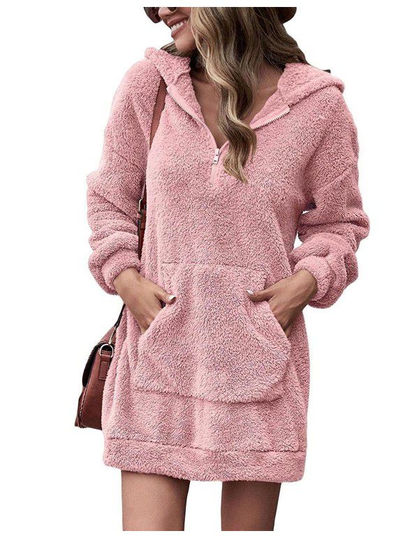 Autumn and Winter Women's Double Face Fleece Hoodie Loose Zip Plush Pocket Sweater Jacket