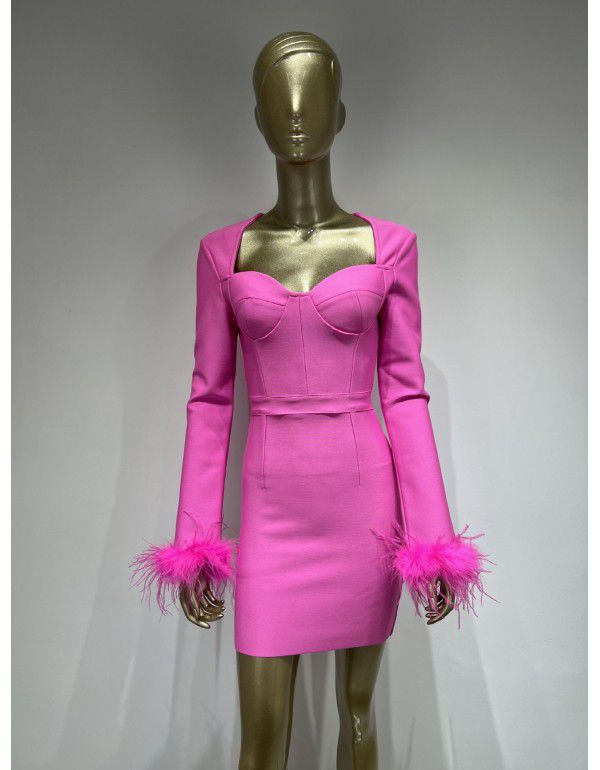 Autumn and Winter New Long Sleeve Feather Cuff Bandage Dress European and American Fashion Elegant Dress Party Dress Dress