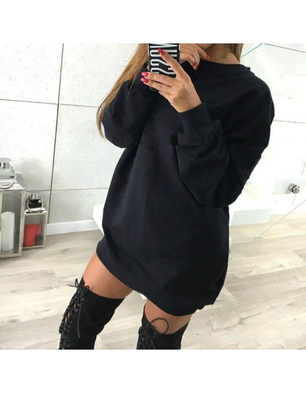European and American winter new casual round-neck solid color medium length sweater dress for women 