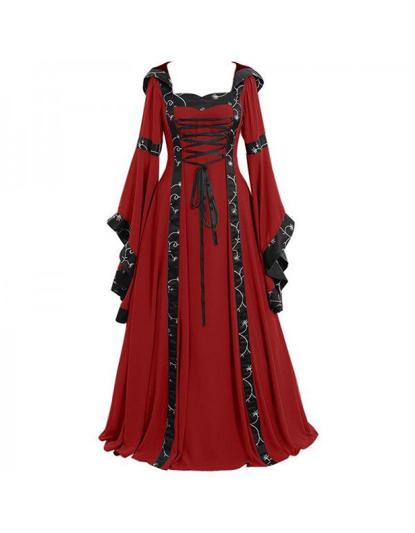 European and American women's medieval vintage dress, square neck tie up waist, flared sleeve Halloween costume