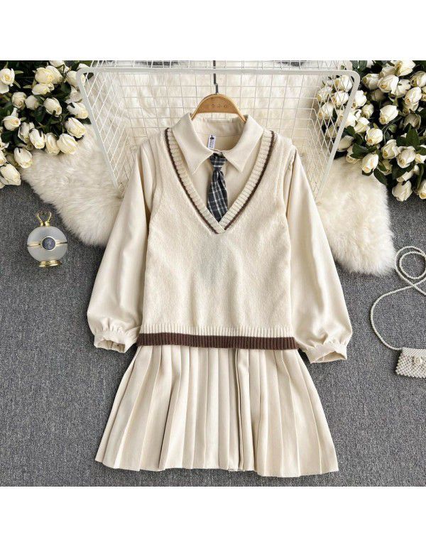 Jk uniform autumn and winter wear with reduced age college style pleated skirt wear knitted vest two-piece suit dress 