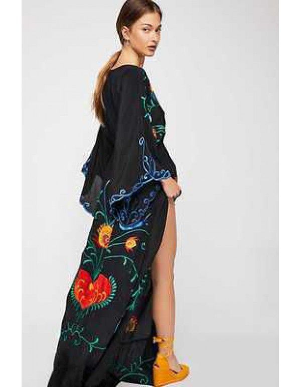 European and American autumn new flower embroidery V-neck large flare sleeve dress dress dress dress 
