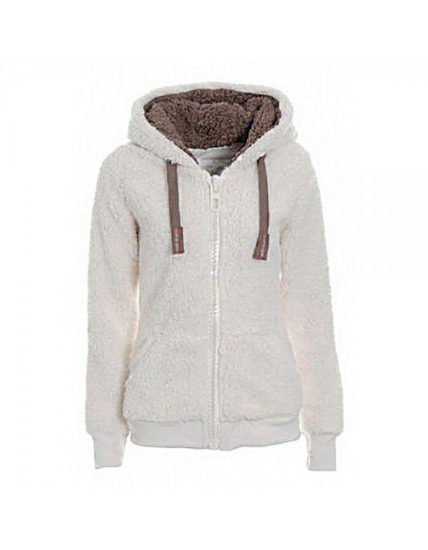 Autumn and Winter Hooded Plush Cardigan Long Sleeve Sweater Women's Jacket Loose Coat