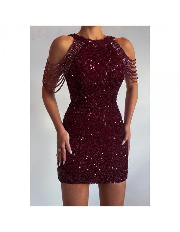 Sequin Short Dress Dress Women's Fashion Popular Round Neck Sexy Slim Fit Tassel Dress