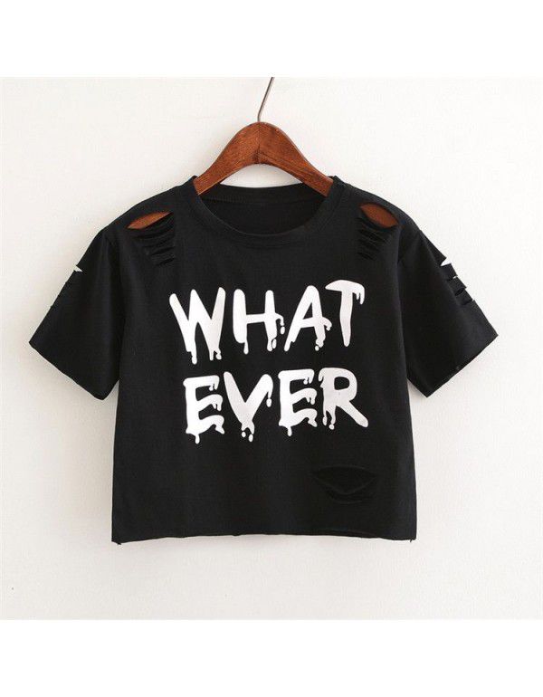 New summer women's wear European and American style short round neck cover with holes in the head, letter printing short sleeve T-shirt for women 