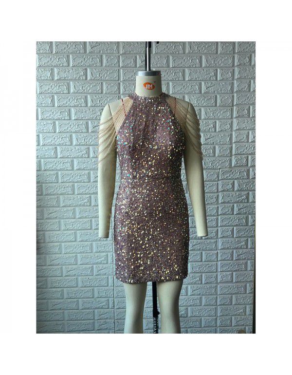 Sequin Short Dress Dress Women's Fashion Popular Round Neck Sexy Slim Fit Tassel Dress