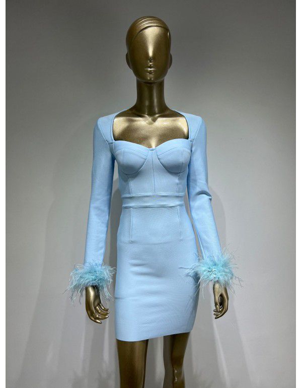 Autumn and Winter New Long Sleeve Feather Cuff Bandage Dress European and American Fashion Elegant Dress Party Dress Dress