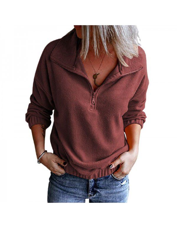 Solid color fleece stand neck zippered sweater Women's hem Rubber band casual long sleeve top Women