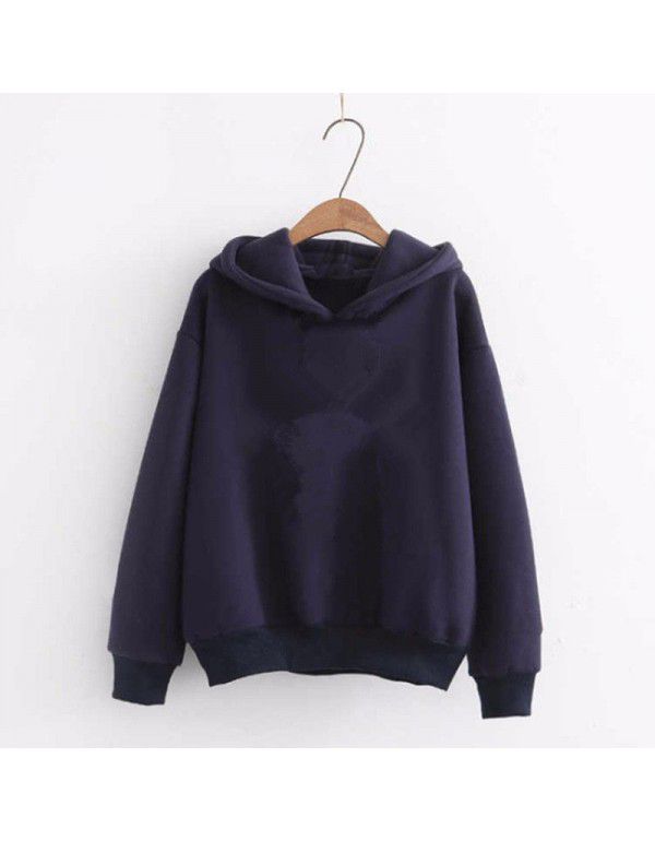 Autumn and Winter New Loose Top Korean Solid Color Plush Thickened Hooded Sweater Women