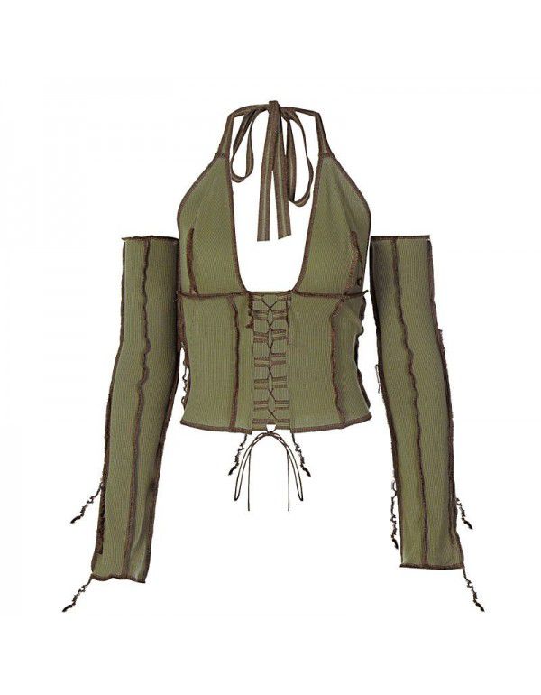 Spring/Summer New Reversed Side Chest Lace Up Neck Strap Independent Long Sleeve T-Shirt