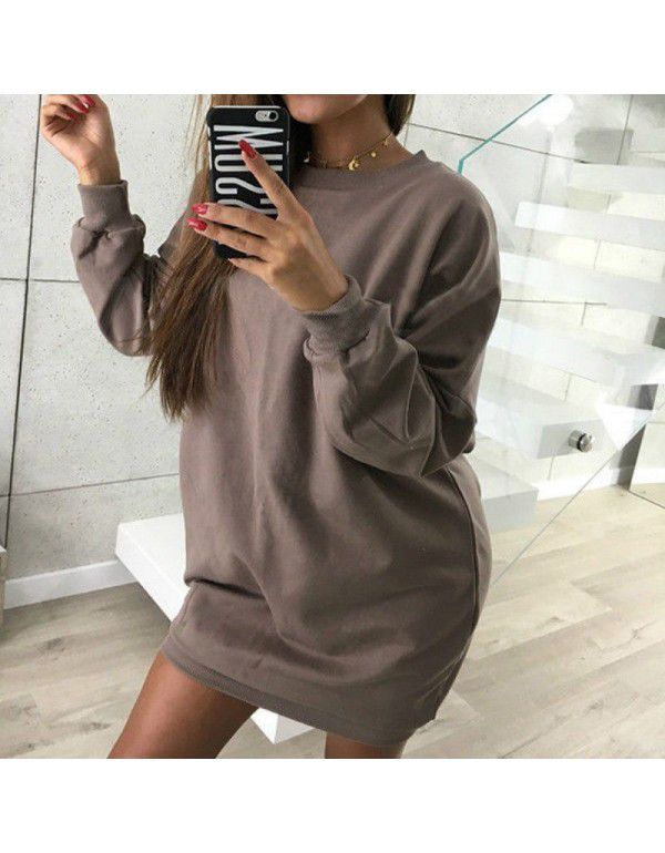 European and American winter new casual round-neck solid color medium length sweater dress for women 