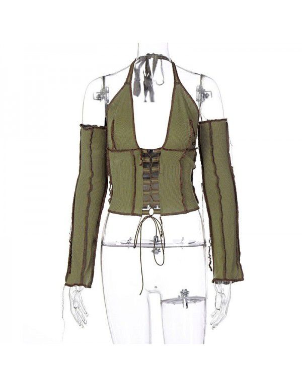 Spring/Summer New Reversed Side Chest Lace Up Neck Strap Independent Long Sleeve T-Shirt