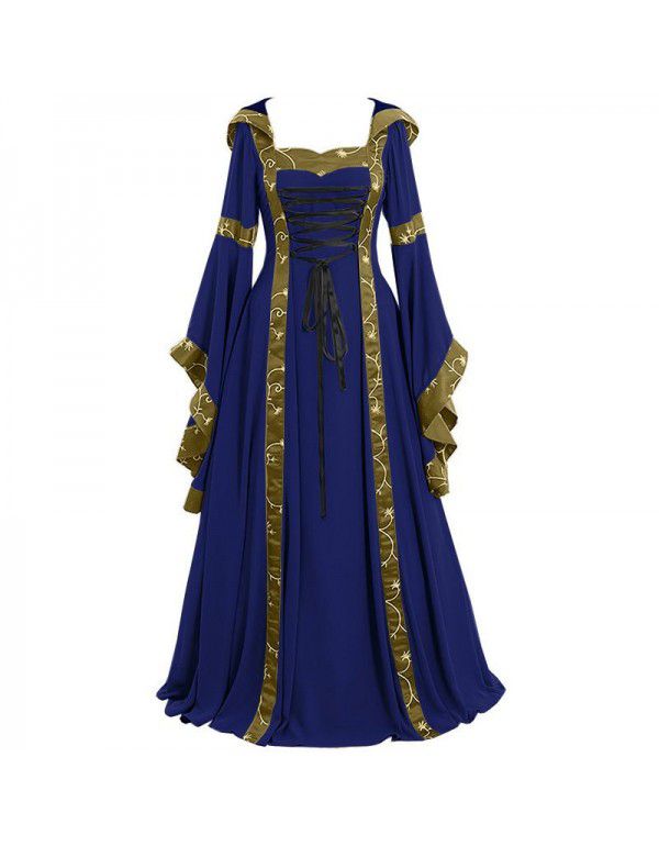 European and American women's medieval vintage dress, square neck tie up waist, flared sleeve Halloween costume