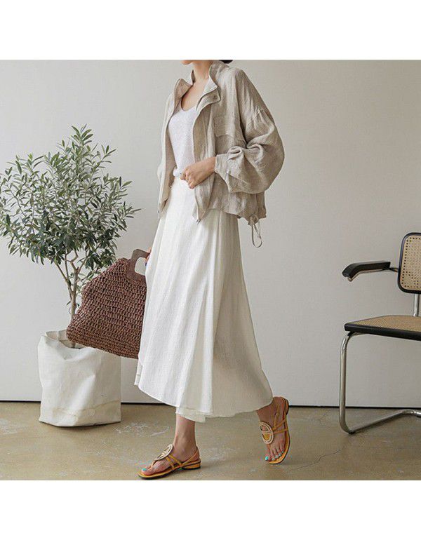 Workwear Style Stand Collar Large Pocket Loose Jacket Top Spring and Autumn Korean Casual Cotton Hemp Coat Jacket Women