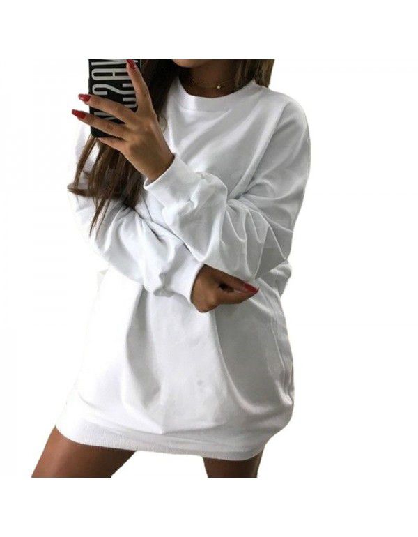 European and American winter new casual round-neck solid color medium length sweater dress for women 