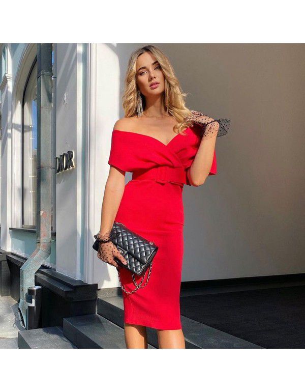European and American women's one-shoulder chest wrapped high waist solid color bandage dress 
