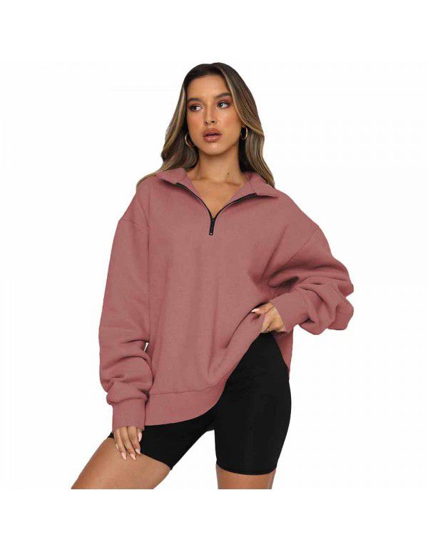 Shiying Zipper Polo Large Sweater Women's Solid Loose Versatile Top 25311969