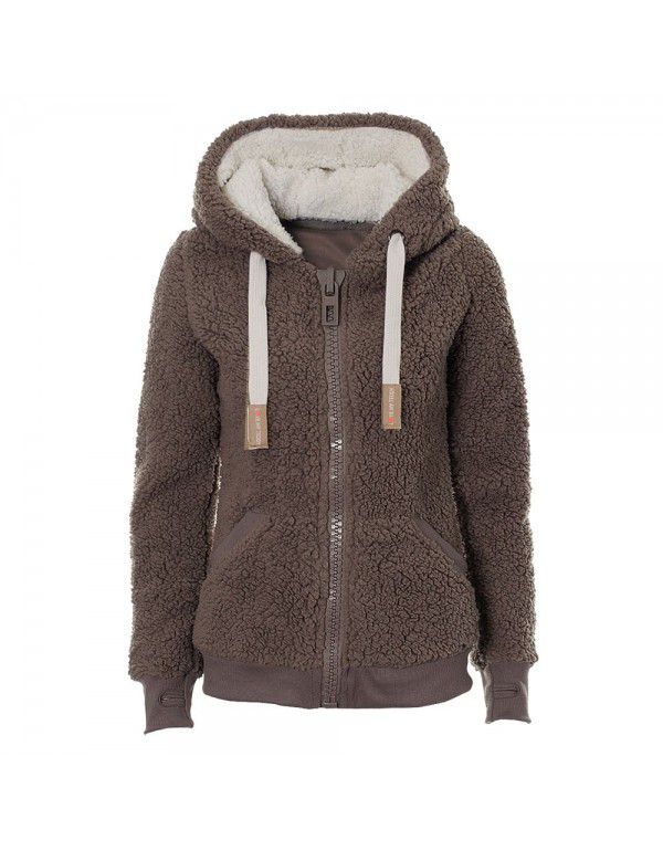 Autumn and Winter Hooded Plush Cardigan Long Sleeve Sweater Women's Jacket Loose Coat