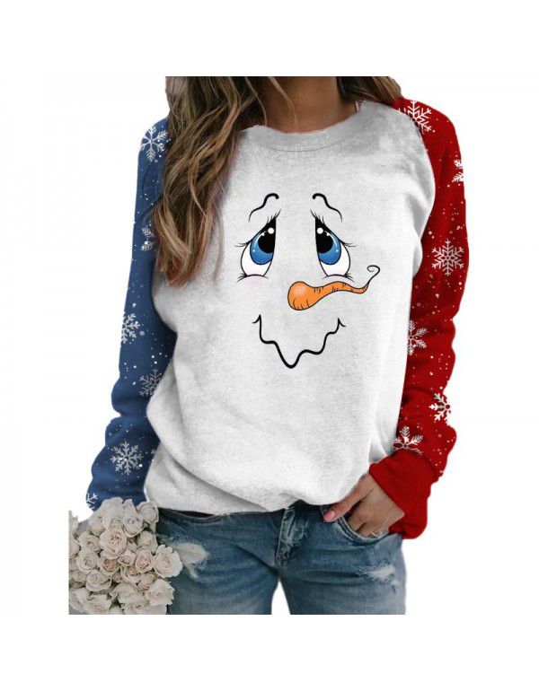 Autumn and winter Christmas popular women's sweater snowman face print round neck long-sleeved sweater woman 