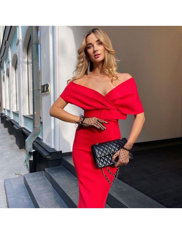European and American women's one-shoulder chest wrapped high waist solid color bandage dress 