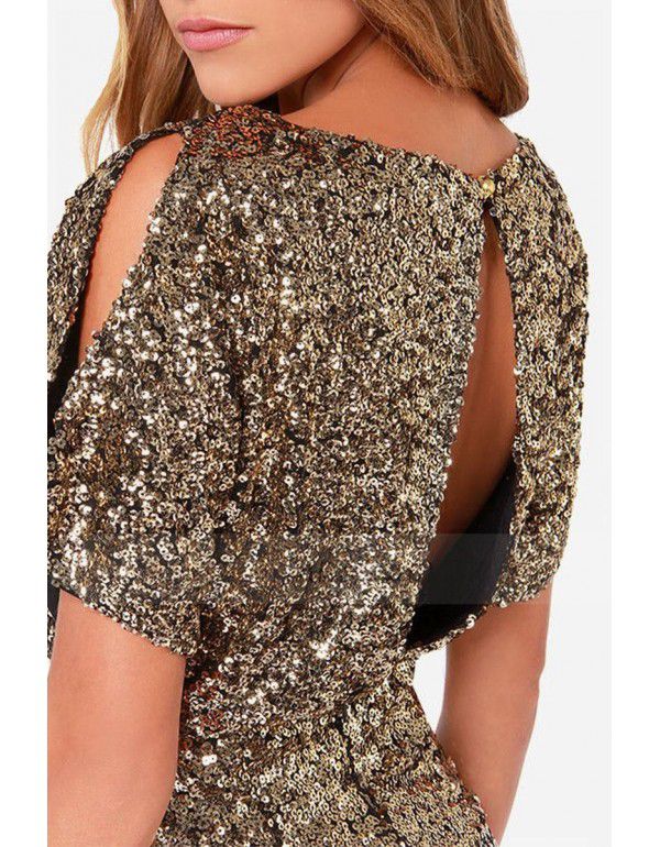 European and American gold sequin slimming show thin shoulder bag buttock dress sexy nightclub open back dress short skirt 