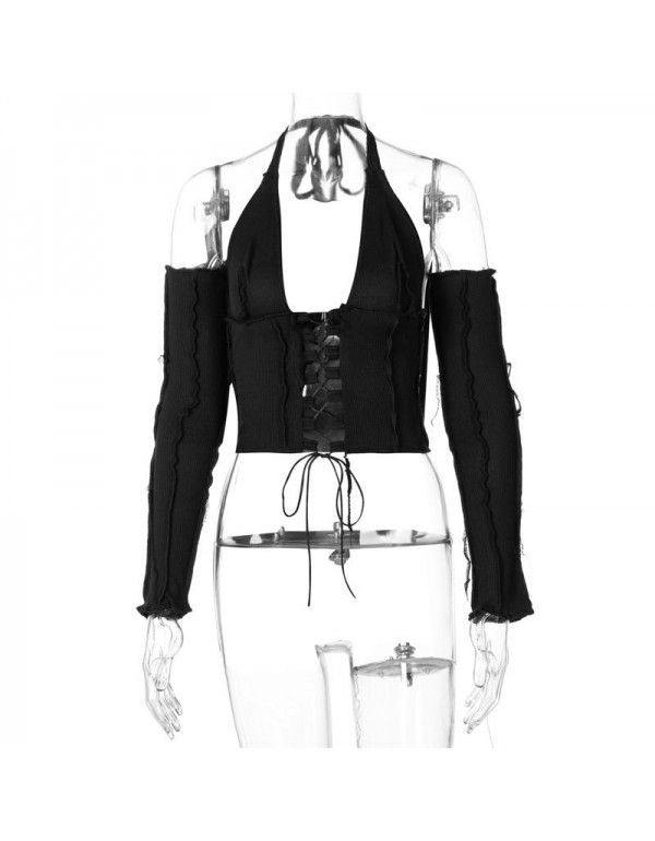 Spring/Summer New Reversed Side Chest Lace Up Neck Strap Independent Long Sleeve T-Shirt