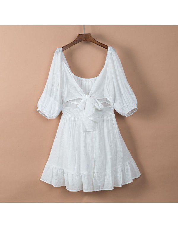 Dress Women's New Summer Off Shoulder Solid Color Lacing Ruffle Sleeve Casual Dress Women