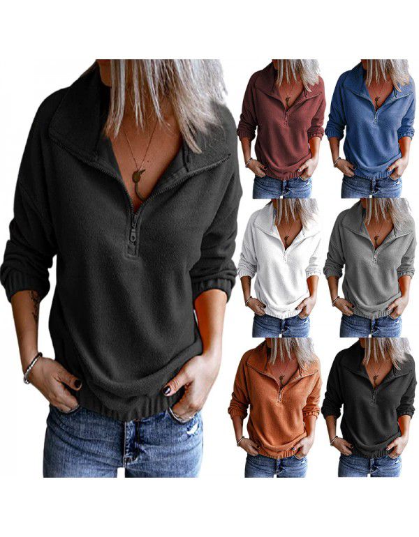 Solid color fleece stand neck zippered sweater Wom...