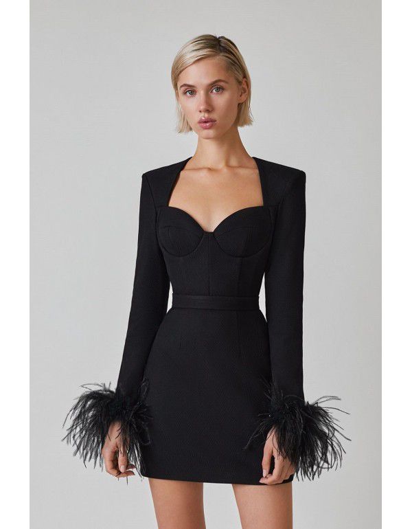 Autumn and Winter New Long Sleeve Feather Cuff Bandage Dress European and American Fashion Elegant Dress Party Dress Dress