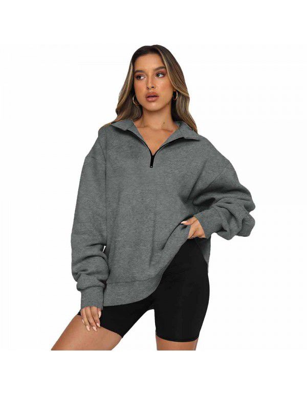 Shiying Zipper Polo Large Sweater Women's Solid Loose Versatile Top 25311969