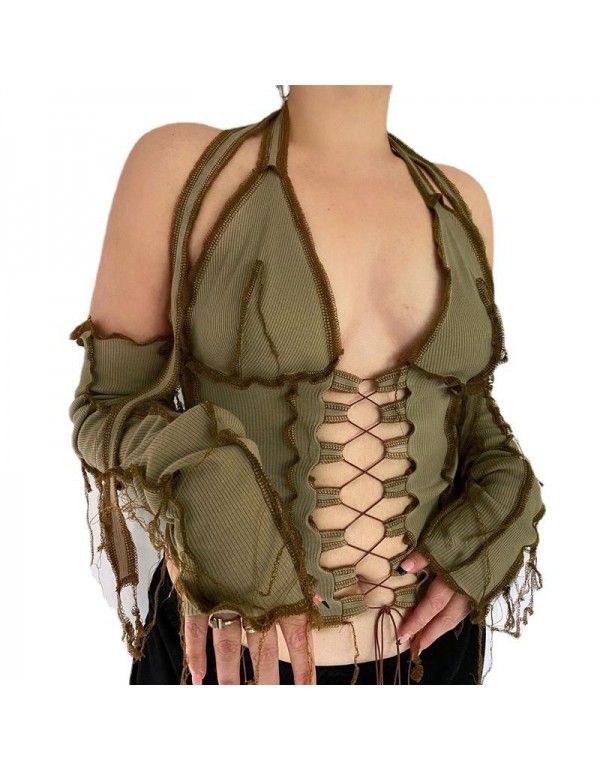 Spring/Summer New Reversed Side Chest Lace Up Neck Strap Independent Long Sleeve T-Shirt