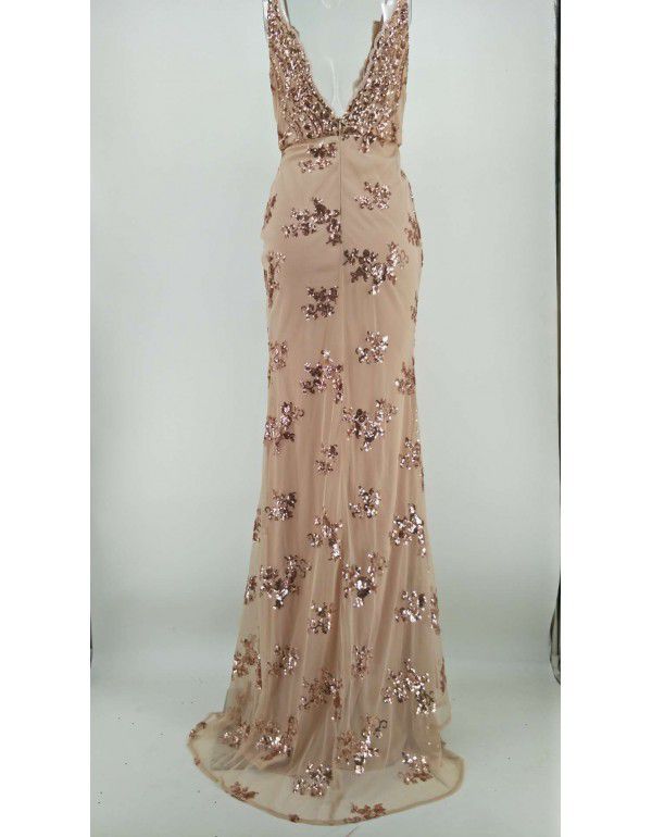US new sequin suspender sexy backless dress with deep V-neck split floor dress 