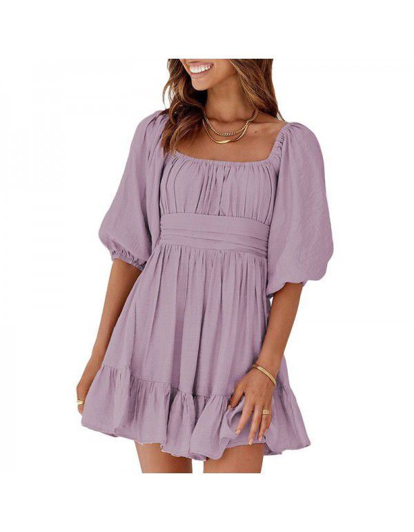 Dress Women's New Summer Off Shoulder Solid Color Lacing Ruffle Sleeve Casual Dress Women