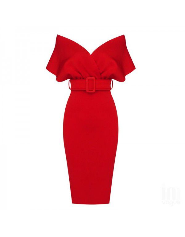 European and American women's one-shoulder chest wrapped high waist solid color bandage dress 