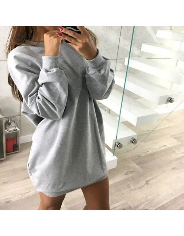 European and American winter new casual round-neck solid color medium length sweater dress for women 