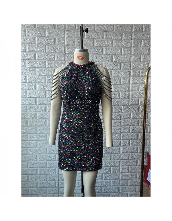Sequin Short Dress Dress Women's Fashion Popular Round Neck Sexy Slim Fit Tassel Dress